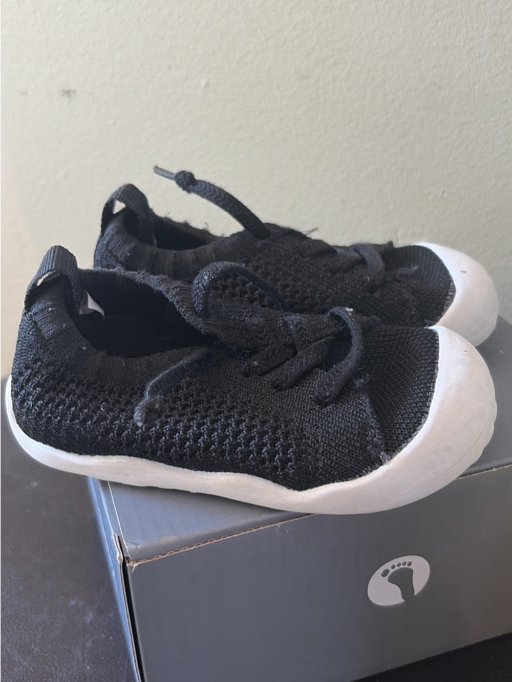 Wide toe box Kids Black Knit Slip-On Sneakers with White Toe